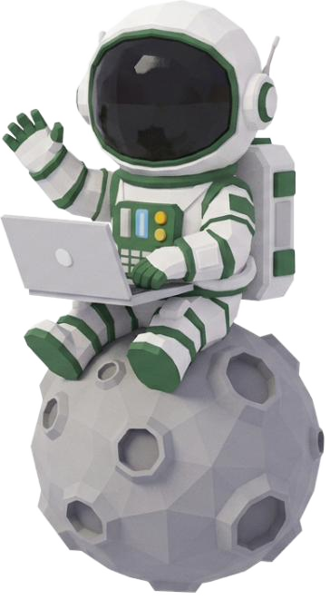 Maskot astronaut Umzah Net duduk di bulan sambil membawa laptop